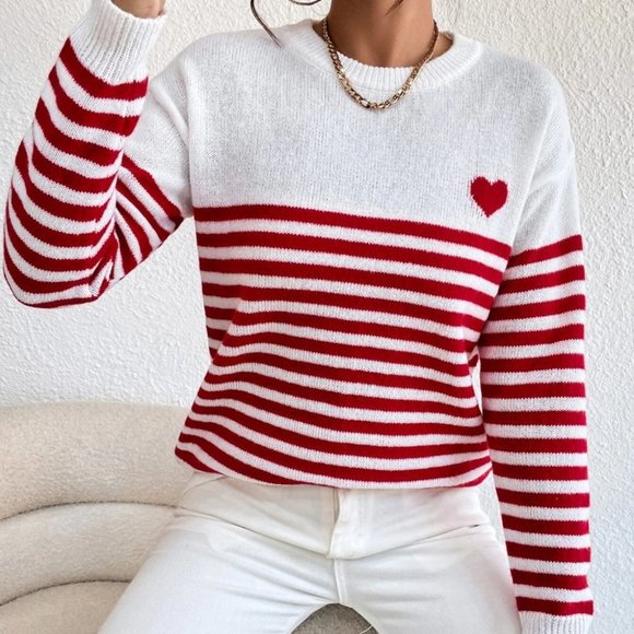 . Sweaters - Preppy Womens Heart & Stripe Print Sweater Red And White